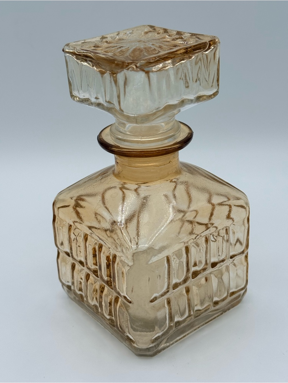 Vintage Textured Square Glass Decanter with Stopper in Amber